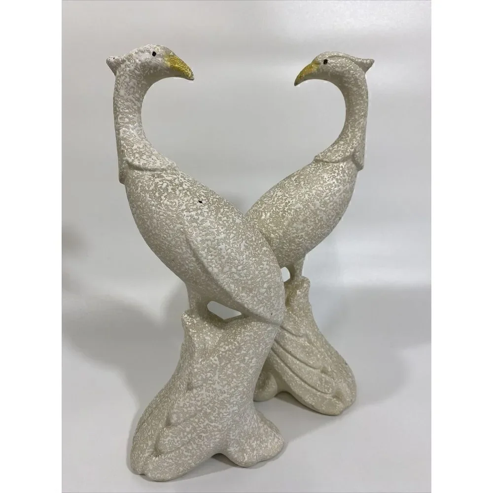 Vintage MCM Midcentury Textured Ceramic Bird Figurine‎ Set White Pheasant  11”